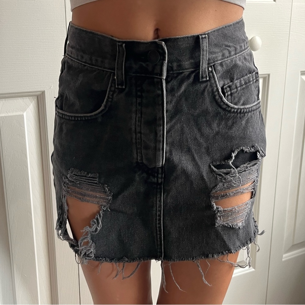 Forever 21 Ripped Black Jean Mini Skirt